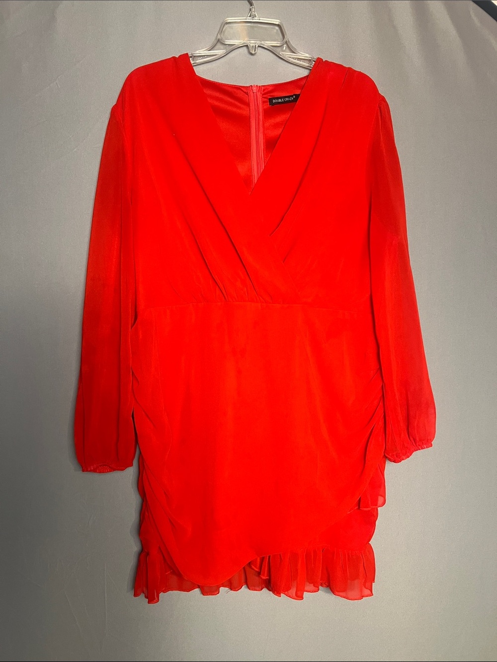 Red Long-Sleeve Surplice Ruffle Hem Dress